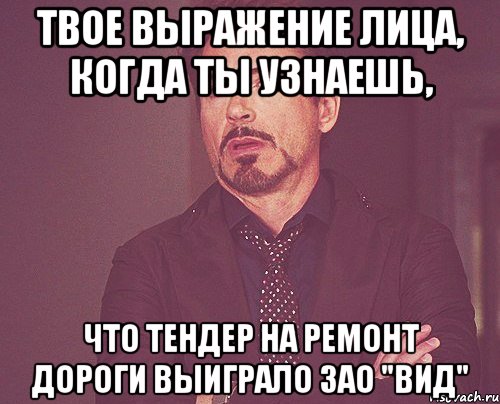 твое выражение лица, когда ты узнаешь, что тендер на ремонт дороги выиграло зао "вид", Мем твое выражение лица