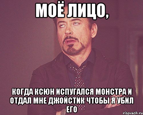 моё лицо, когда ксюн испугался монстра и отдал мне джойстик чтобы я убил его, Мем твое выражение лица