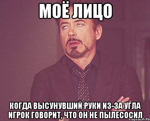 моё лицо когда высунувший руки из-за угла игрок говорит, что он не пылесосил, Мем твое выражение лица