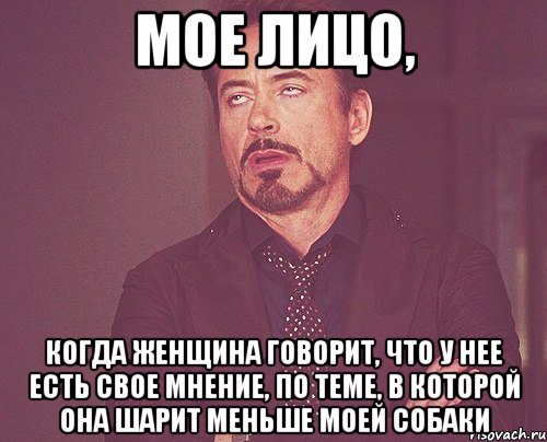 мое лицо, когда женщина говорит, что у нее есть свое мнение, по теме, в которой она шарит меньше моей собаки, Мем твое выражение лица