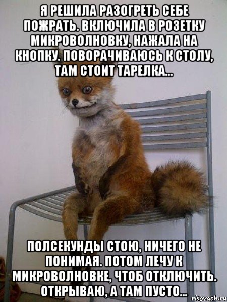 я решила разогреть себе пожрать. включила в розетку микроволновку, нажала на кнопку. поворачиваюсь к столу, там стоит тарелка... полсекунды стою, ничего не понимая. потом лечу к микроволновке, чтоб отключить. открываю, а там пусто...