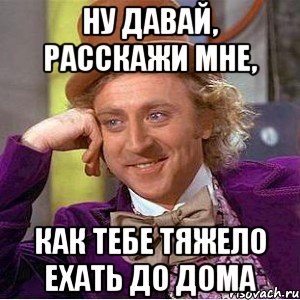 ну давай, расскажи мне, как тебе тяжело ехать до дома, Мем Ну давай расскажи (Вилли Вонка)