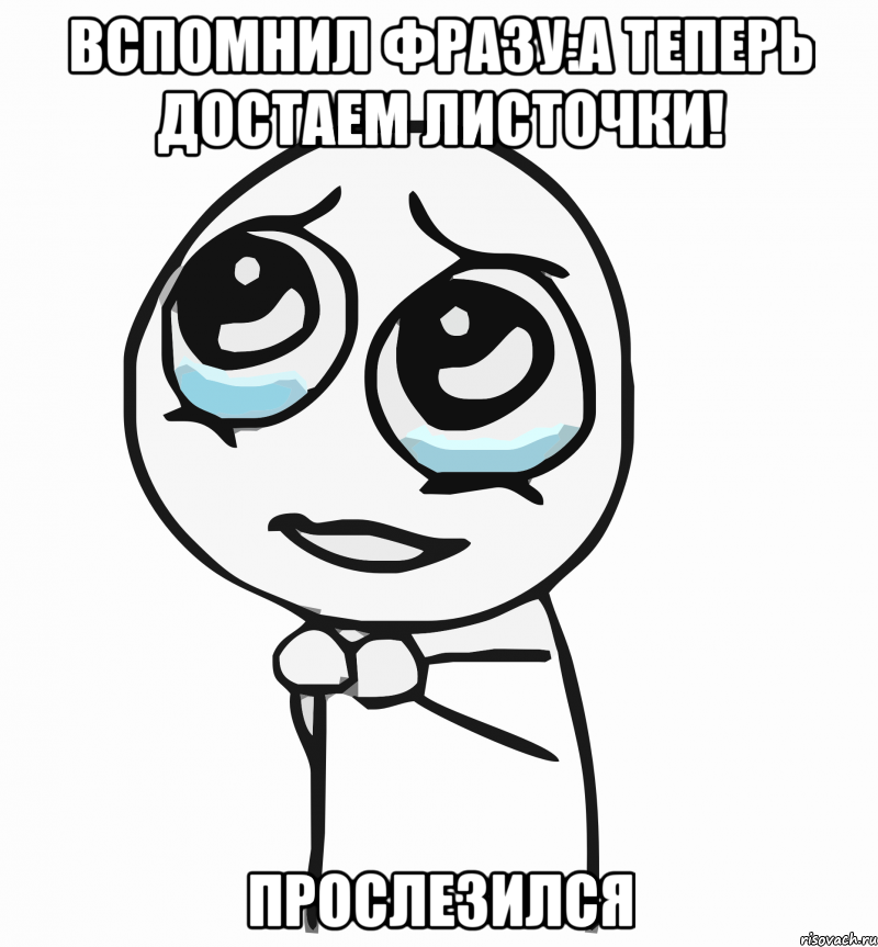 вспомнил фразу:а теперь достаем листочки! прослезился, Мем  ну пожалуйста (please)