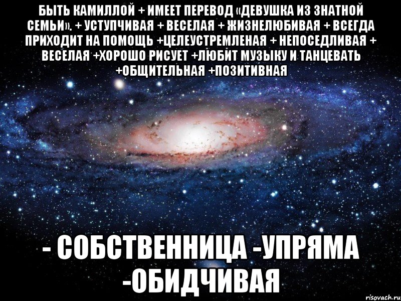 быть камиллой + имеет перевод «девушка из знатной семьи». + уступчивая + веселая + жизнелюбивая + всегда приходит на помощь +целеустремленая + непоседливая + веселая +хорошо рисует +любит музыку и танцевать +общительная +позитивная - собственница -упряма -обидчивая, Мем Вселенная