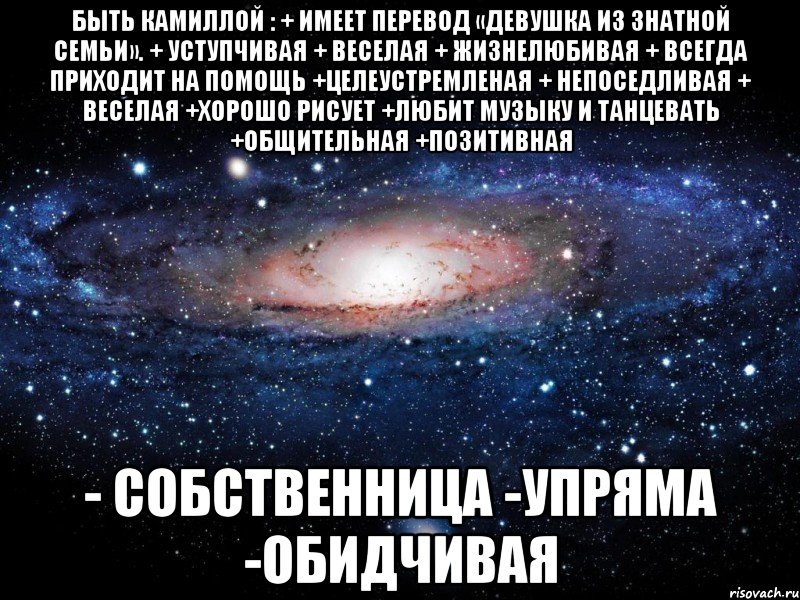 быть камиллой : + имеет перевод «девушка из знатной семьи». + уступчивая + веселая + жизнелюбивая + всегда приходит на помощь +целеустремленая + непоседливая + веселая +хорошо рисует +любит музыку и танцевать +общительная +позитивная - собственница -упряма -обидчивая, Мем Вселенная