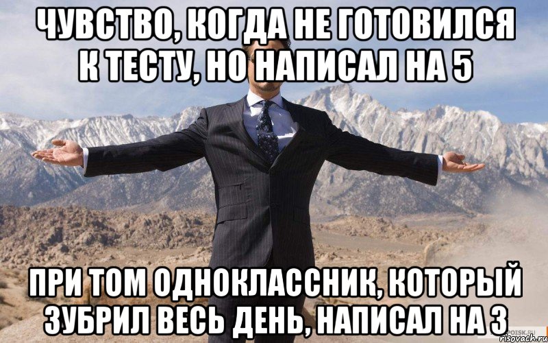 чувство, когда не готовился к тесту, но написал на 5 при том одноклассник, который зубрил весь день, написал на 3, Мем железный человек