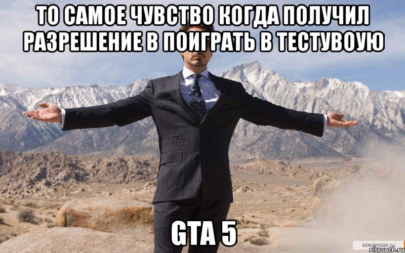 то самое чувство когда получил разрешение в поиграть в тестувоую gta 5, Мем железный человек