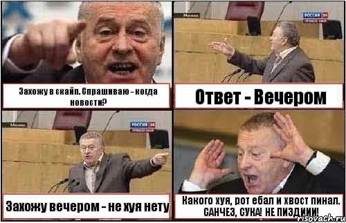 Захожу в скайп. Спрашиваю - когда новости? Ответ - Вечером Захожу вечером - не хуя нету Какого хуя, рот ебал и хвост пинал. САНЧЕЗ, СУКА! НЕ ПИЗДИИИ!, Комикс жиреновский