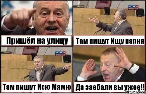 Пришёл на улицу Там пишут Ищу парня Там пишут Исю Мямю Да заебали вы ужее!!