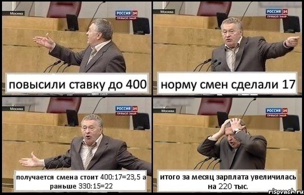 повысили ставку до 400 норму смен сделали 17 получается смена стоит 400:17=23,5 а раньше 330:15=22 итого за месяц зарплата увеличилась на 220 тыс., Комикс Жирик в шоке хватается за голову