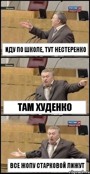 иду по школе, тут нестеренко там худенко все жопу старковой лижут, Комикс Жириновский разводит руками 3