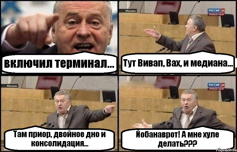 включил терминал... Тут Вивап, Вах, и медиана... Там приор, двойное дно и консолидация... Йобанаврот! А мне хуле делать???, Комикс Жириновский