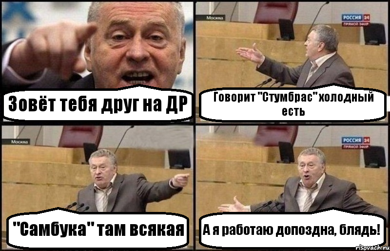 Зовёт тебя друг на ДР Говорит "Стумбрас" холодный есть "Самбука" там всякая А я работаю допоздна, блядь!, Комикс Жириновский