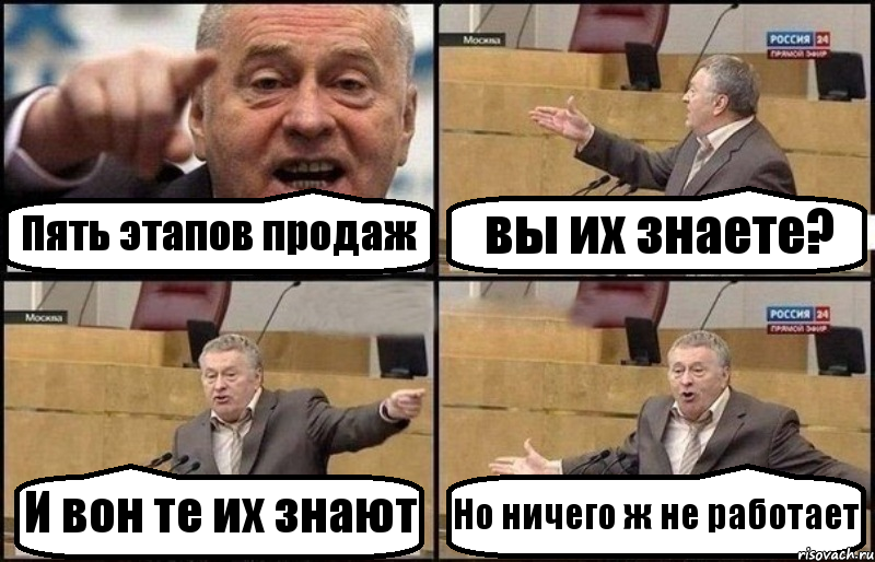 Пять этапов продаж вы их знаете? И вон те их знают Но ничего ж не работает, Комикс Жириновский