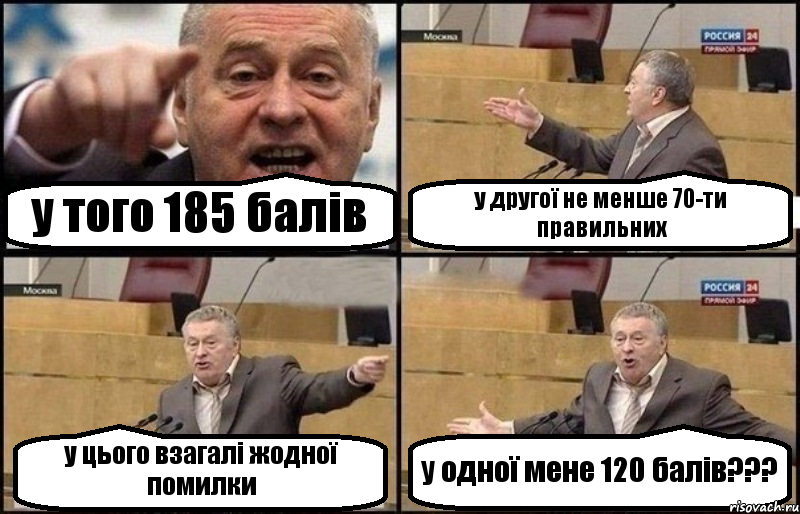 у того 185 балів у другої не менше 70-ти правильних у цього взагалі жодної помилки у одної мене 120 балів???