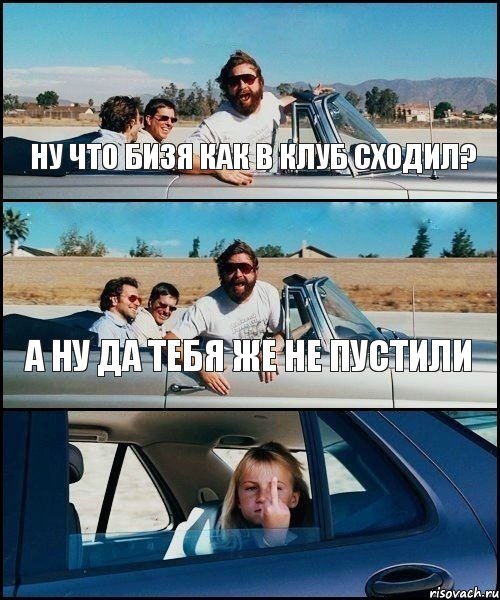 НУ ЧТО БИЗЯ КАК В КЛУБ СХОДИЛ? А НУ ДА ТЕБЯ ЖЕ НЕ ПУСТИЛИ, Комикс   Мальчишник (показывает средний палец)