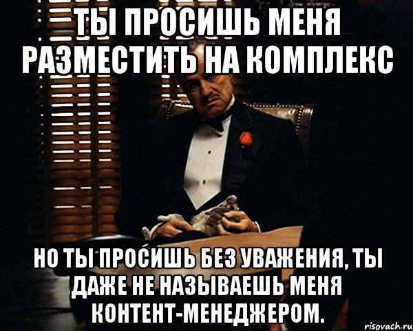 ты просишь меня разместить на комплекс но ты просишь без уважения, ты даже не называешь меня контент-менеджером., Мем Дон Вито Корлеоне