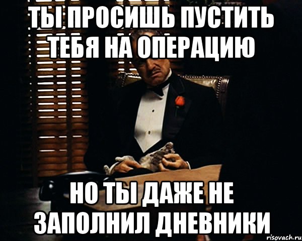 ты просишь пустить тебя на операцию но ты даже не заполнил дневники, Мем Дон Вито Корлеоне