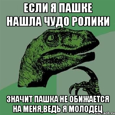 если я пашке нашла чудо ролики значит пашка не обижается на меня,ведь я молодец, Мем Филосораптор