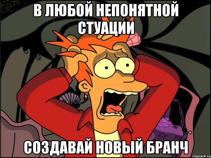 в любой непонятной стуации создавай новый бранч, Мем Фрай в панике