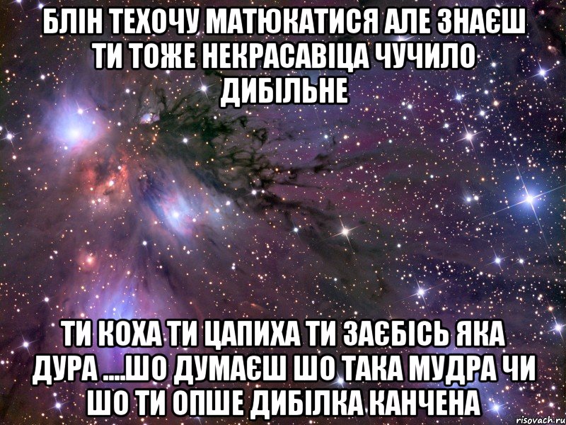 блін техочу матюкатися але знаєш ти тоже некрасавіца чучило дибільне ти коха ти цапиха ти заєбісь яка дура ....шо думаєш шо така мудра чи шо ти опше дибілка канчена, Мем Космос