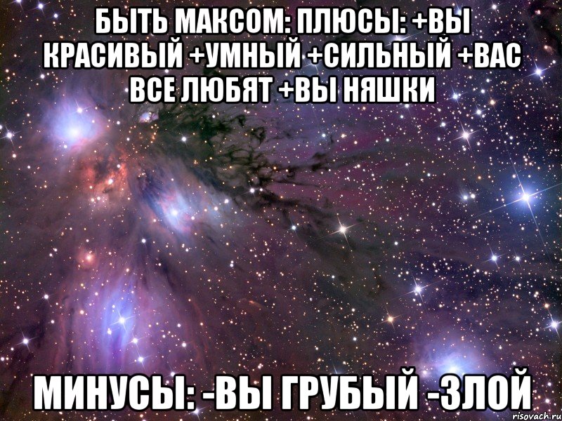 быть максом: плюсы: +вы красивый +умный +сильный +вас все любят +вы няшки минусы: -вы грубый -злой