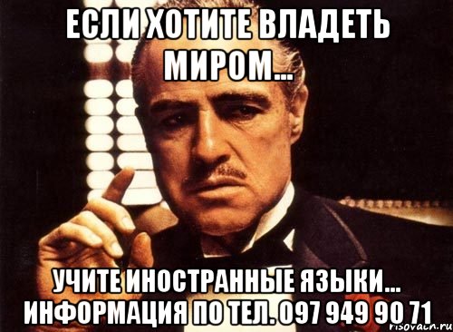 если хотите владеть миром... учите иностранные языки... информация по тел. 097 949 90 71, Мем крестный отец