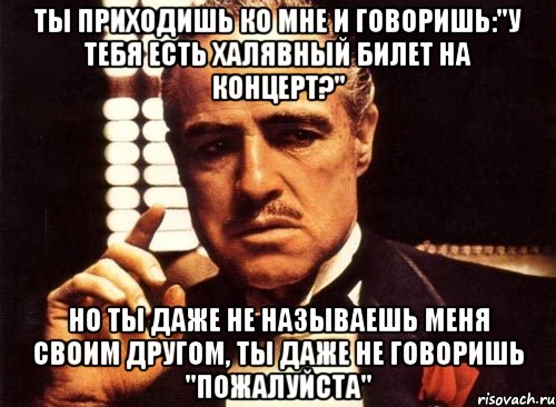 ты приходишь ко мне и говоришь:"у тебя есть халявный билет на концерт?" но ты даже не называешь меня своим другом, ты даже не говоришь "пожалуйста", Мем крестный отец