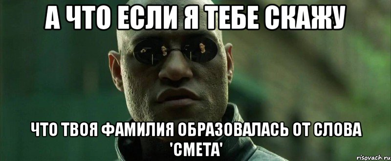 а что если я тебе скажу что твоя фамилия образовалась от слова 'смета', Мем  морфеус