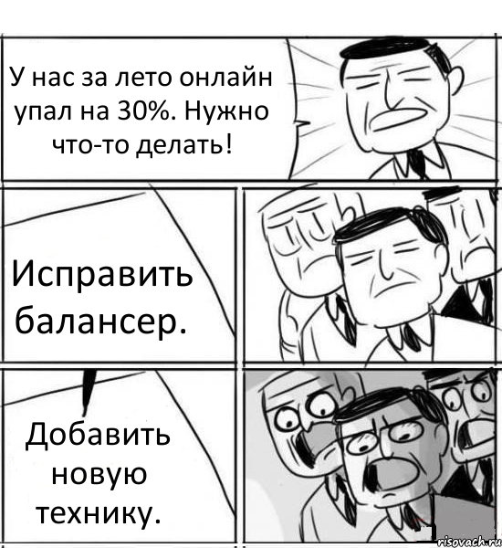 У нас за лето онлайн упал на 30%. Нужно что-то делать! Исправить балансер. Добавить новую технику., Комикс нам нужна новая идея