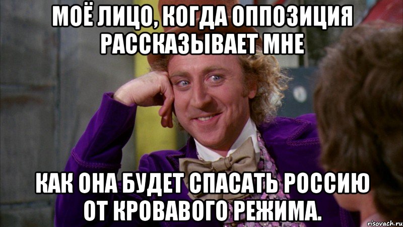 моё лицо, когда оппозиция рассказывает мне как она будет спасать россию от кровавого режима., Мем Ну давай расскажи (Вилли Вонка)