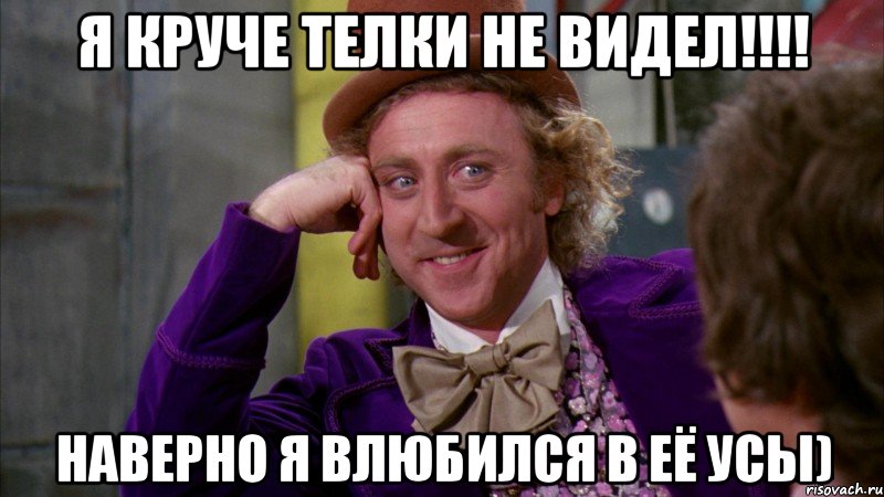 я круче телки не видел!!! наверно я влюбился в её усы), Мем Ну давай расскажи (Вилли Вонка)