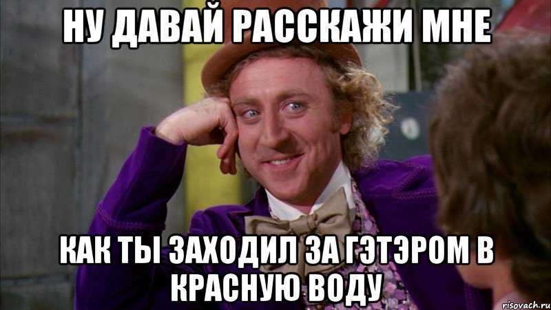 ну давай расскажи мне как ты заходил за гэтэром в красную воду, Мем Ну давай расскажи (Вилли Вонка)