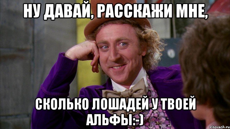 ну давай, расскажи мне, сколько лошадей у твоей альфы:-), Мем Ну давай расскажи (Вилли Вонка)