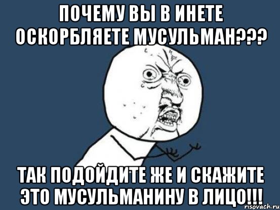 почему вы в инете оскорбляете мусульман??? так подойдите же и скажите это мусульманину в лицо!!!, Мем Ну почему