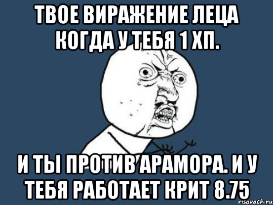 твое виражение леца когда у тебя 1 хп. и ты против арамора. и у тебя работает крит 8.75, Мем Ну почему