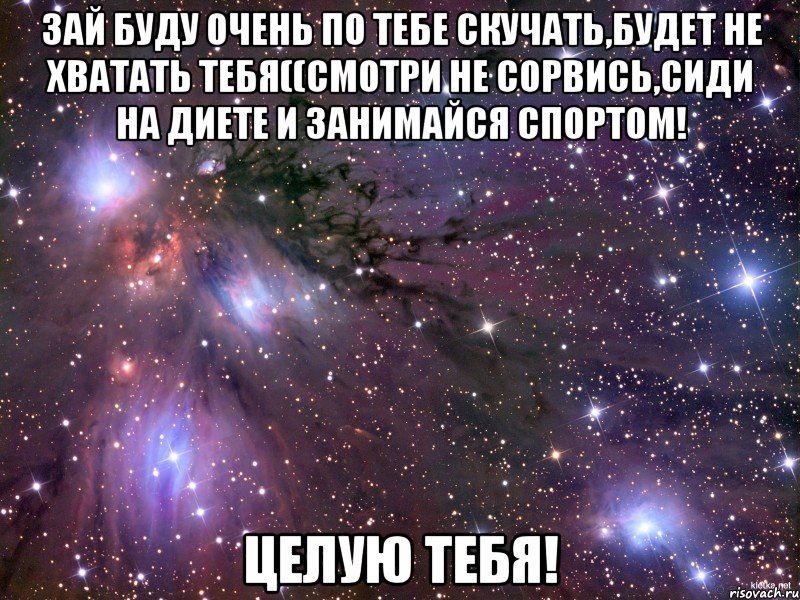 зай буду очень по тебе скучать,будет не хватать тебя((смотри не сорвись,сиди на диете и занимайся спортом! целую тебя!