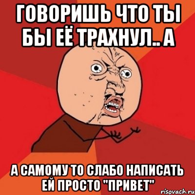 говоришь что ты бы её трахнул.. а а самому то слабо написать ей просто "привет", Мем Почему