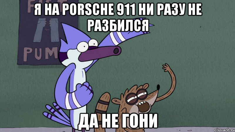 я на porsche 911 ни разу не разбился да не гони, Мем regular show