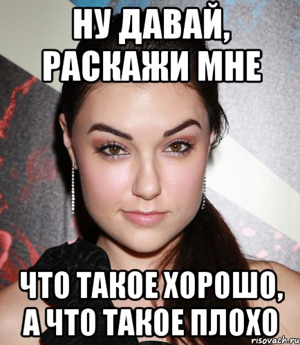 ну давай, раскажи мне что такое хорошо, а что такое плохо, Мем  Саша Грей улыбается