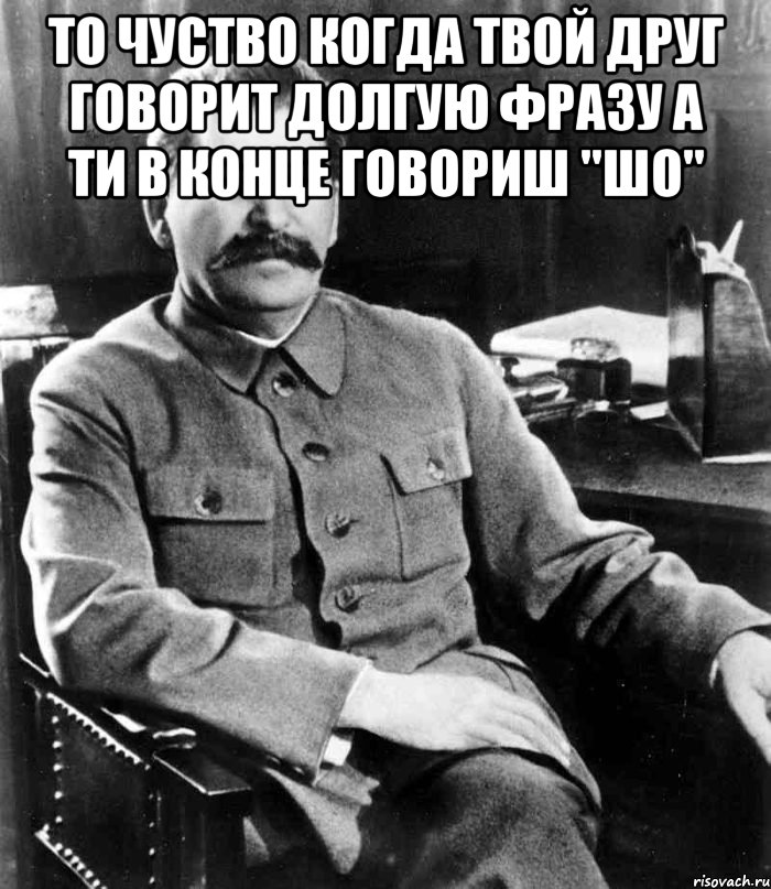 то чуство когда твой друг говорит долгую фразу а ти в конце говориш "шо" , Мем  иосиф сталин