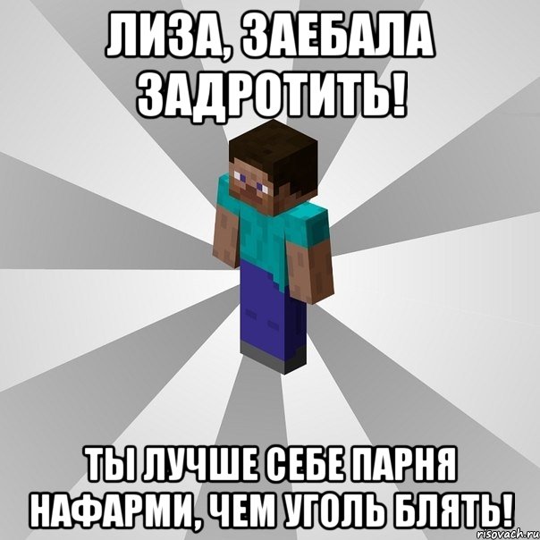 лиза, заебала задротить! ты лучше себе парня нафарми, чем уголь блять!, Мем Типичный игрок Minecraft