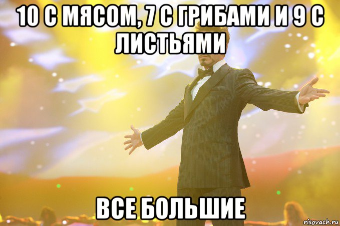 10 с мясом, 7 с грибами и 9 с листьями все большие