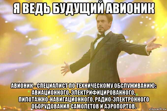 я ведь будущий авионик авионик - специалист по техническому обслуживанию: авиационного, электрифицированного, пилотажно-навигационного, радио-электронного оборудования самолетов и аэропортов.