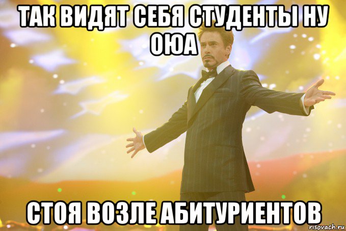 так видят себя студенты ну оюа стоя возле абитуриентов, Мем Тони Старк (Роберт Дауни младший)