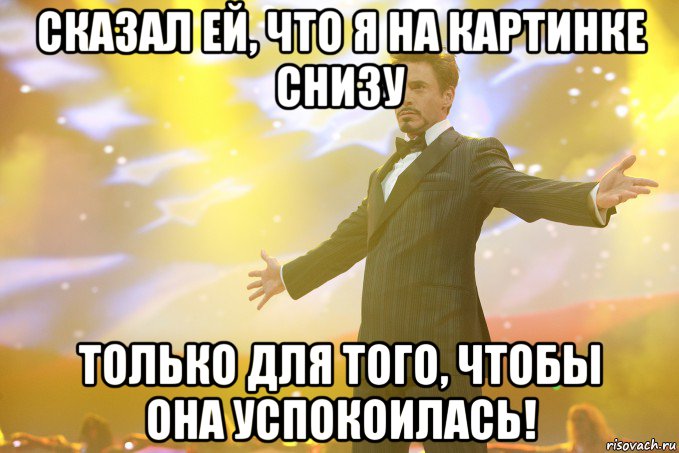 сказал ей, что я на картинке снизу только для того, чтобы она успокоилась!, Мем Тони Старк (Роберт Дауни младший)