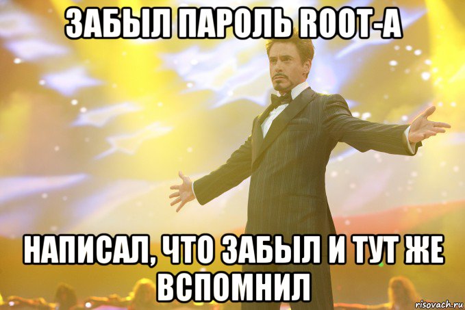 забыл пароль root-а написал, что забыл и тут же вспомнил, Мем Тони Старк (Роберт Дауни младший)