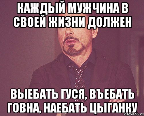 каждый мужчина в своей жизни должен выебать гуся, въебать говна, наебать цыганку, Мем твое выражение лица