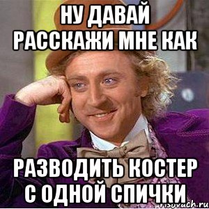 ну давай расскажи мне как разводить костер с одной спички, Мем Ну давай расскажи (Вилли Вонка)