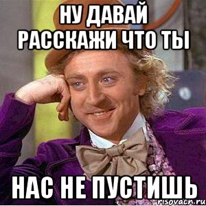 ну давай расскажи что ты нас не пустишь, Мем Ну давай расскажи (Вилли Вонка)